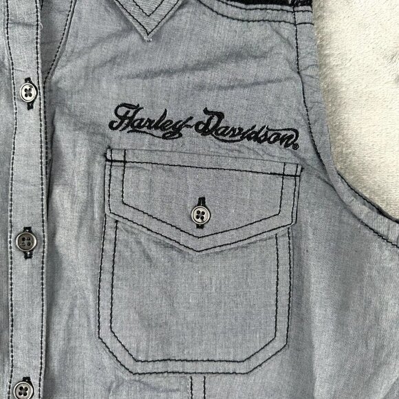 Harley Davidson Women’s SZ M Sleeveless Button Down Blouse Crochet Back Gray - Picture 3 of 7